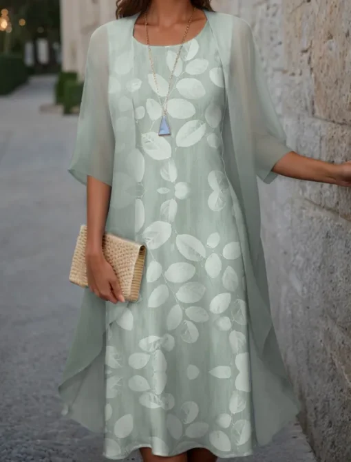Women's Graduation Dress Midi Dress Two Piece Dress Set Wedding Guest Cocktail Dress Floral Chiffon Casual Fashion Elegant Modern Print Spring Crew Neck Half Sleeve Loose Fit Pink Blue Purple