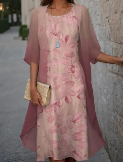 Women's Graduation Dress Midi Dress Two Piece Dress Set Wedding Guest Cocktail Dress Floral Chiffon Casual Fashion Elegant Modern Print Spring Crew Neck Half Sleeve Loose Fit Pink Blue Purple