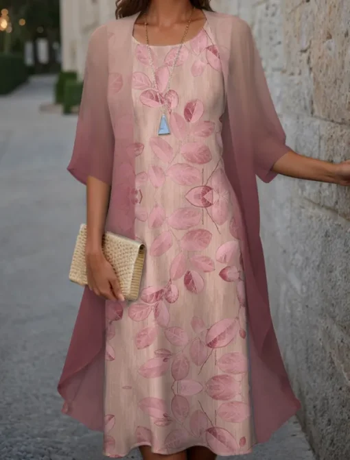 Women's Graduation Dress Midi Dress Two Piece Dress Set Wedding Guest Cocktail Dress Floral Chiffon Casual Fashion Elegant Modern Print Spring Crew Neck Half Sleeve Loose Fit Pink Blue Purple