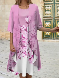 Women's Graduation Dress Midi Dress Wedding Guest Cocktail Dress Chiffon Date Casual Elegant Two Piece Dress Set Spring Crew Neck Half Sleeve Floral Loose Fit Pink Blue Purple