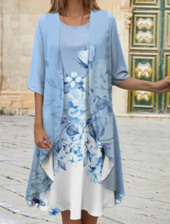 Women's Graduation Dress Midi Dress Wedding Guest Cocktail Dress Chiffon Date Casual Elegant Two Piece Dress Set Spring Crew Neck Half Sleeve Floral Loose Fit Pink Blue Purple