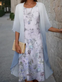Women's Graduation Dress Midi Dress Wedding Guest Cocktail Dress Chiffon Holiday Fashion Modern Print Casual Elegant Two Piece Dress Set Crew Neck Half Sleeve Floral Loose Fit Pink Spring
