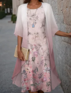 Women's Graduation Dress Midi Dress Wedding Guest Cocktail Dress Chiffon Holiday Fashion Modern Print Casual Elegant Two Piece Dress Set Crew Neck Half Sleeve Floral Loose Fit Pink Spring