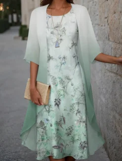 Women's Graduation Dress Midi Dress Wedding Guest Cocktail Dress Chiffon Holiday Fashion Modern Print Casual Elegant Two Piece Dress Set Crew Neck Half Sleeve Floral Loose Fit Pink Spring