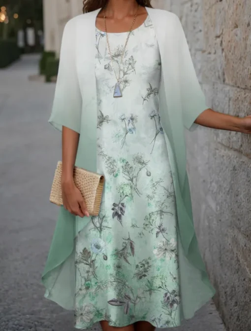Women's Graduation Dress Midi Dress Wedding Guest Cocktail Dress Chiffon Holiday Fashion Modern Print Casual Elegant Two Piece Dress Set Crew Neck Half Sleeve Floral Loose Fit Pink Spring