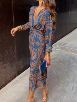Women's Graphic Print V Neck Maxi Dress Long Sleeve Spring Fall