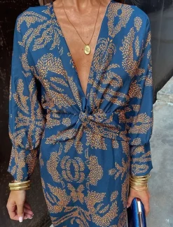 Women's Graphic Print V Neck Maxi Dress Long Sleeve Spring Fall