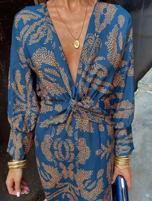 Women's Graphic Print V Neck Maxi Dress Long Sleeve Spring Fall
