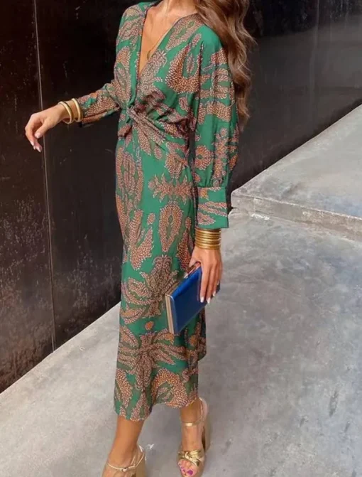 Women's Graphic Print V Neck Maxi Dress Long Sleeve Spring Fall