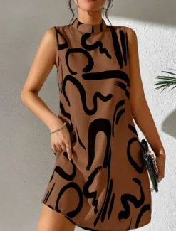 Women's Graphic Stand Collar Mini Dress Sleeveless Summer