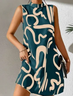 Women's Graphic Stand Collar Mini Dress Sleeveless Summer