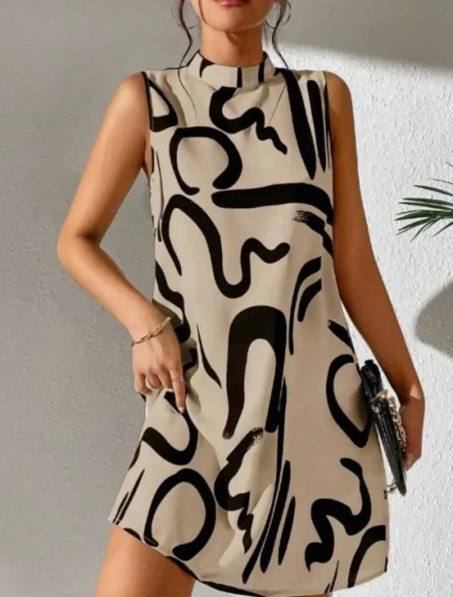 Women's Graphic Stand Collar Mini Dress Sleeveless Summer