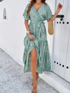 Women's Graphic V Neck Maxi Dress Short Sleeve Summer Spring