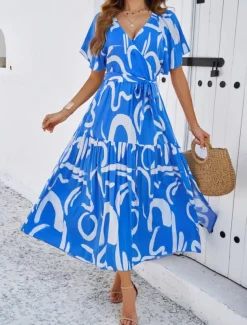 Women's Graphic V Neck Maxi Dress Short Sleeve Summer Spring