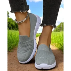Women's Gray Flyknit Slip-On Sneakers – Everyday Trainers for Walking, Running Errands and Park Leisure