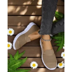 Women's Gray Flyknit Slip-On Sneakers – Everyday Trainers for Walking, Running Errands and Park Leisure