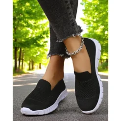 Women's Gray Flyknit Slip-On Sneakers – Everyday Trainers for Walking, Running Errands and Park Leisure