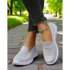 Women's Gray Flyknit Slip-On Sneakers – Everyday Trainers for Walking, Running Errands and Park Leisure