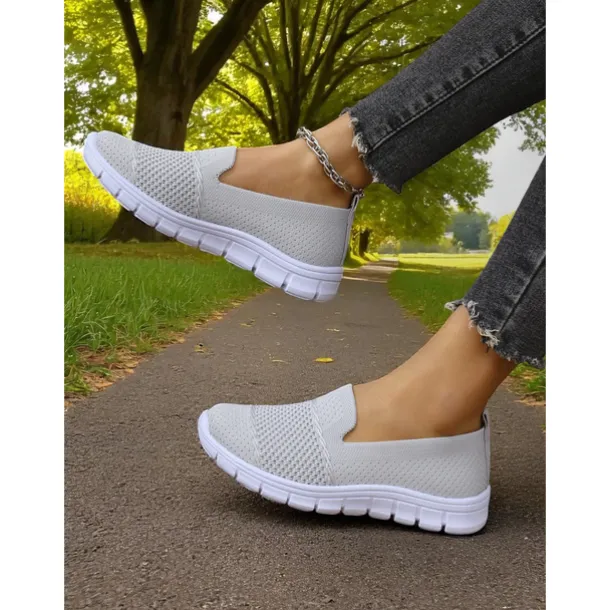 Women's Gray Flyknit Slip-On Sneakers – Everyday Trainers for Walking, Running Errands and Park Leisure