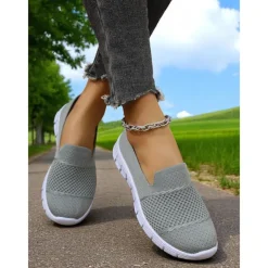Women's Gray Flyknit Slip-On Sneakers – Everyday Trainers for Walking, Running Errands and Park Leisure