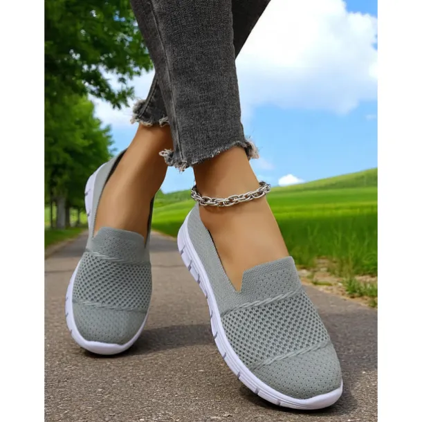Women's Gray Flyknit Slip-On Sneakers – Everyday Trainers for Walking, Running Errands and Park Leisure