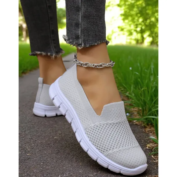 Women's Gray Flyknit Slip-On Sneakers – Everyday Trainers for Walking, Running Errands and Park Leisure