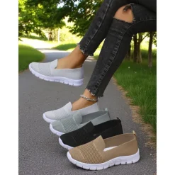 Women's Gray Flyknit Slip-On Sneakers – Everyday Trainers for Walking, Running Errands and Park Leisure