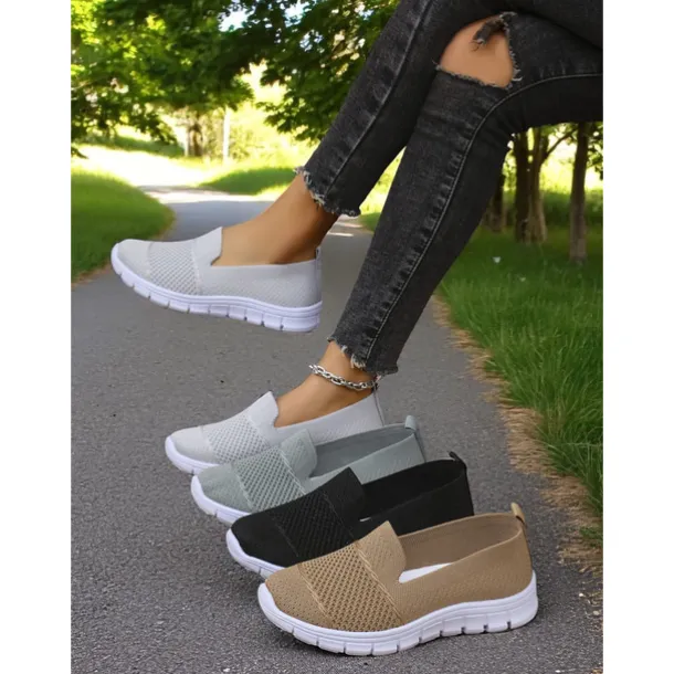 Women's Gray Flyknit Slip-On Sneakers – Everyday Trainers for Walking, Running Errands and Park Leisure