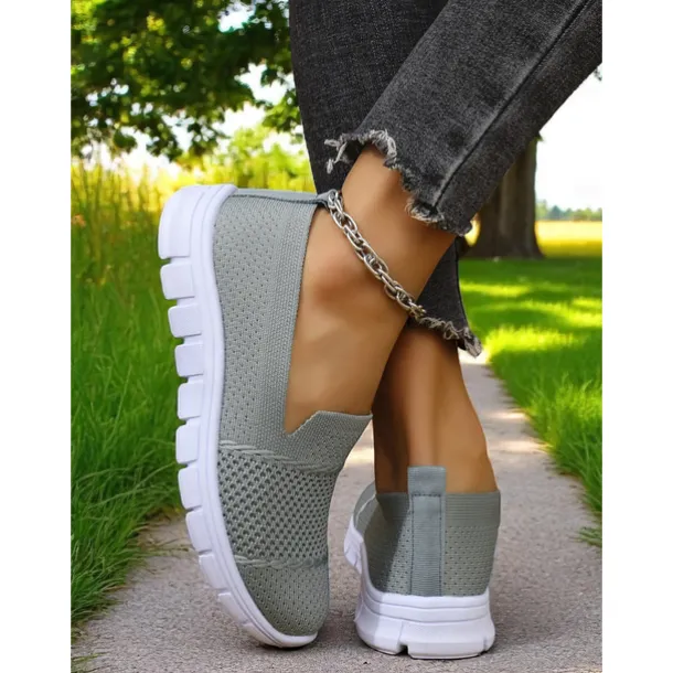 Women's Gray Flyknit Slip-On Sneakers – Everyday Trainers for Walking, Running Errands and Park Leisure