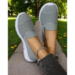 Women's Gray Flyknit Slip-On Sneakers – Everyday Trainers for Walking, Running Errands and Park Leisure