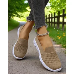 Women's Gray Flyknit Slip-On Sneakers – Everyday Trainers for Walking, Running Errands and Park Leisure