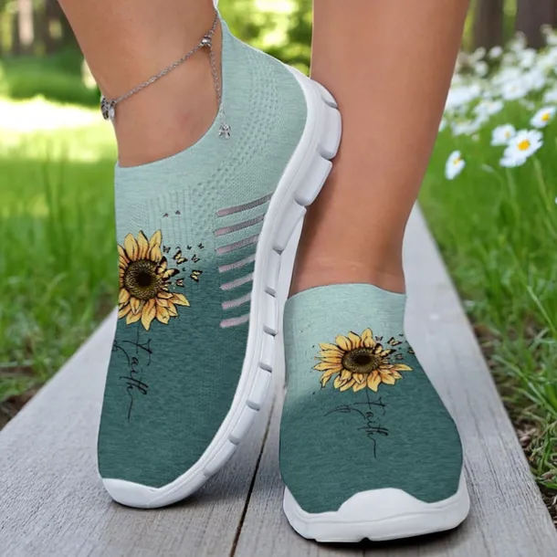 Women's Gray Fly-knit Slip-On Sneakers with Sunflower Print – Lightweight Casual Walking Shoes for Travel, Daily Wear and Spring Outings
