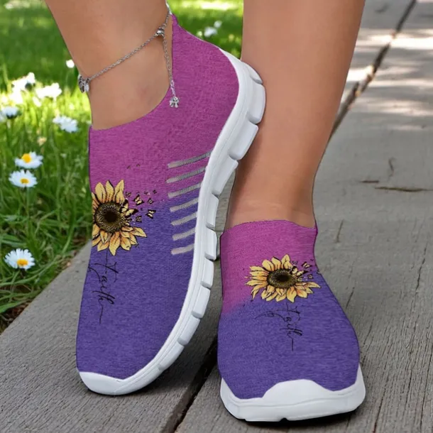 Women's Gray Fly-knit Slip-On Sneakers with Sunflower Print – Lightweight Casual Walking Shoes for Travel, Daily Wear and Spring Outings