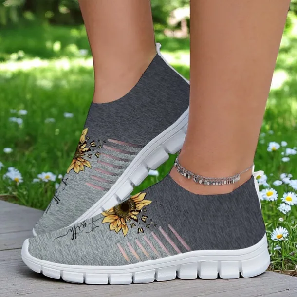 Women's Gray Fly-knit Slip-On Sneakers with Sunflower Print – Lightweight Casual Walking Shoes for Travel, Daily Wear and Spring Outings