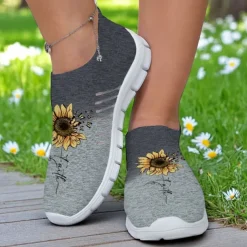 Women's Gray Fly-knit Slip-On Sneakers with Sunflower Print – Lightweight Casual Walking Shoes for Travel, Daily Wear and Spring Outings