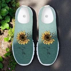 Women's Gray Fly-knit Slip-On Sneakers with Sunflower Print – Lightweight Casual Walking Shoes for Travel, Daily Wear and Spring Outings