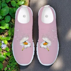 Women's Gray Fly-knit Slip-On Sneakers with Sunflower Print – Lightweight Casual Walking Shoes for Travel, Daily Wear and Spring Outings