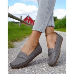 Women's Gray Moccasin Driving Flats – Soft Foldable Shoes with Anti-Slip Sole for Road Trips, Driving and Daily Errands