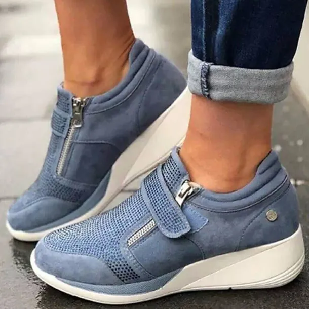 Women's Gray Wedge Sneakers – Slip-On Breathable Casual Walking Shoes with Zipper for Outdoor & Everyday Wear