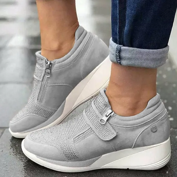 Women's Gray Wedge Sneakers – Slip-On Breathable Casual Walking Shoes with Zipper for Outdoor & Everyday Wear