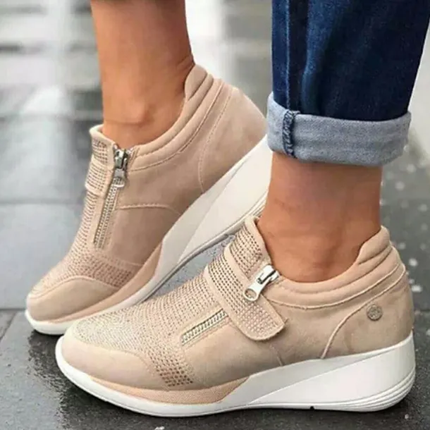 Women's Gray Wedge Sneakers – Slip-On Breathable Casual Walking Shoes with Zipper for Outdoor & Everyday Wear