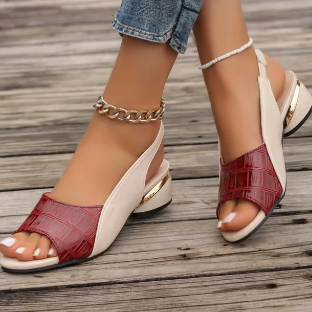 Women's Green and Beige Open-Toe Slingback Sandals – Crocodile Pattern Design with Gold Heel Accents for Casual and Elegant Summer Outfits