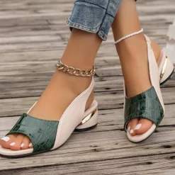 Women's Green and Beige Open-Toe Slingback Sandals – Crocodile Pattern Design with Gold Heel Accents for Casual and Elegant Summer Outfits
