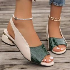 Women's Green and Beige Open-Toe Slingback Sandals – Crocodile Pattern Design with Gold Heel Accents for Casual and Elegant Summer Outfits