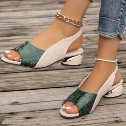 Women's Green and Beige Open-Toe Slingback Sandals – Crocodile Pattern Design with Gold Heel Accents for Casual and Elegant Summer Outfits