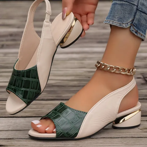 Women's Green and Beige Open-Toe Slingback Sandals – Crocodile Pattern Design with Gold Heel Accents for Casual and Elegant Summer Outfits
