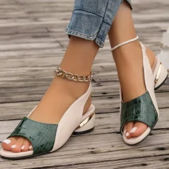 Women's Green and Beige Open-Toe Slingback Sandals – Crocodile Pattern Design with Gold Heel Accents for Casual and Elegant Summer Outfits