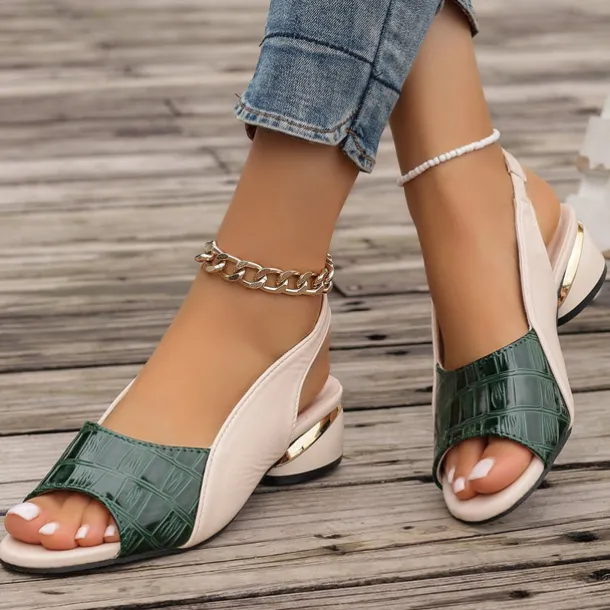 Women's Green and Beige Open-Toe Slingback Sandals – Crocodile Pattern Design with Gold Heel Accents for Casual and Elegant Summer Outfits