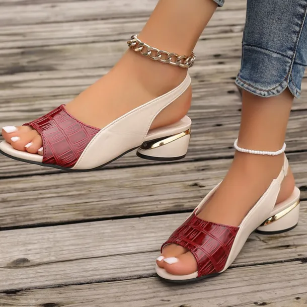 Women's Green and Beige Open-Toe Slingback Sandals – Crocodile Pattern Design with Gold Heel Accents for Casual and Elegant Summer Outfits