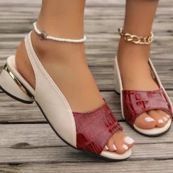 Women's Green and Beige Open-Toe Slingback Sandals – Crocodile Pattern Design with Gold Heel Accents for Casual and Elegant Summer Outfits